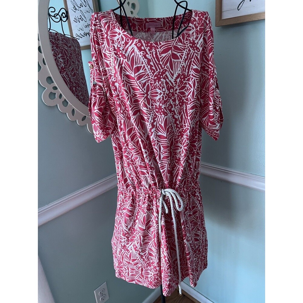 Lilly Pulitzer Raquel Punch Pink Stamped SILK Blend Dress Size L Retail‎ $258